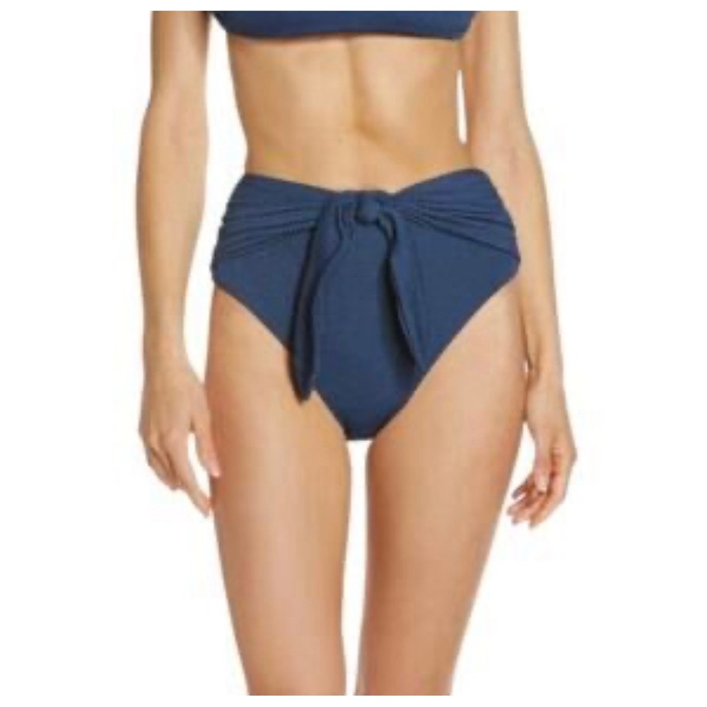 Veronica Beard Azoia Blue Smocked Crinkle High Waist Tie Front Bikini Bottoms